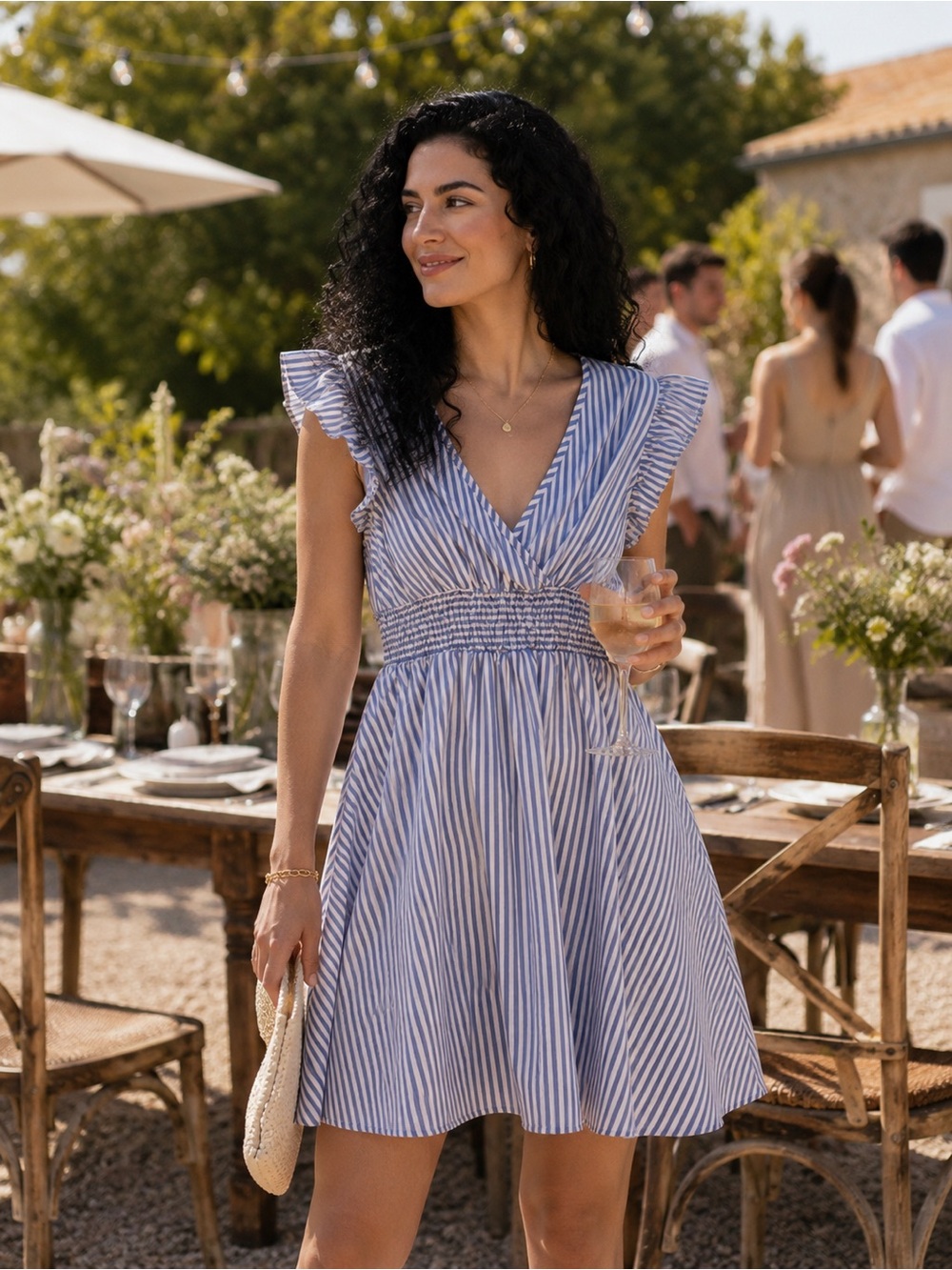 SHEIN Blue & White Striped V-Neck Ruffle Mini Dress